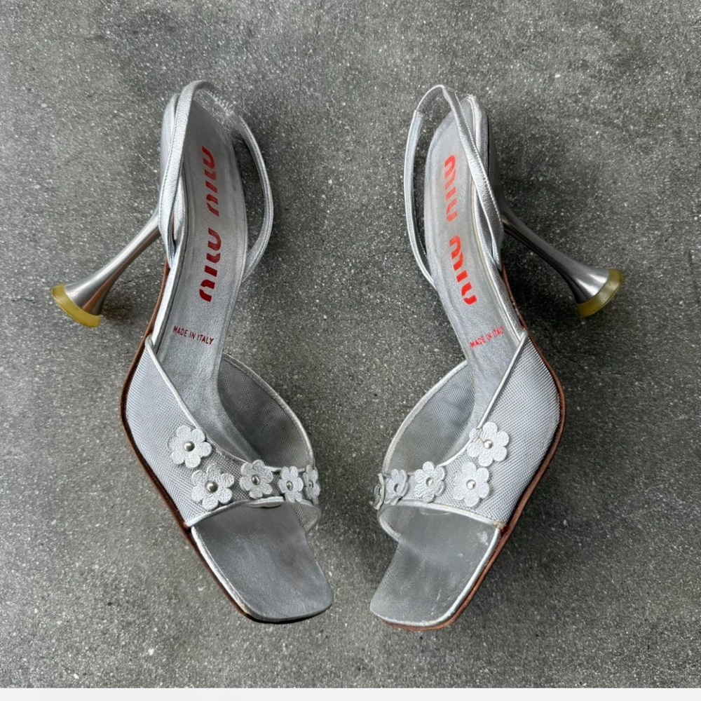 Miu Miu Silver Metallic Floral Heels - Picture 6 of 8